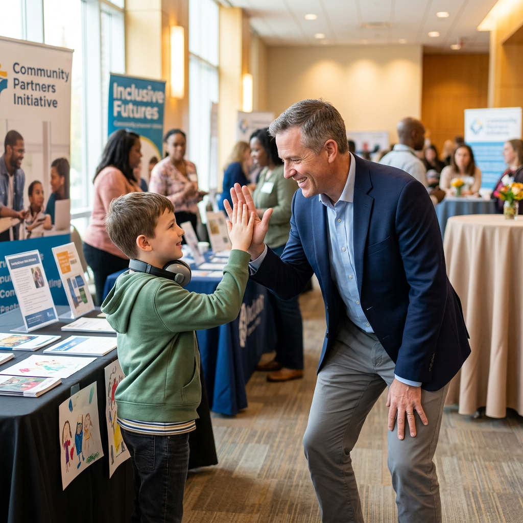 Man in suit high-fiving young boy wearing green hoodie and headphones at community event